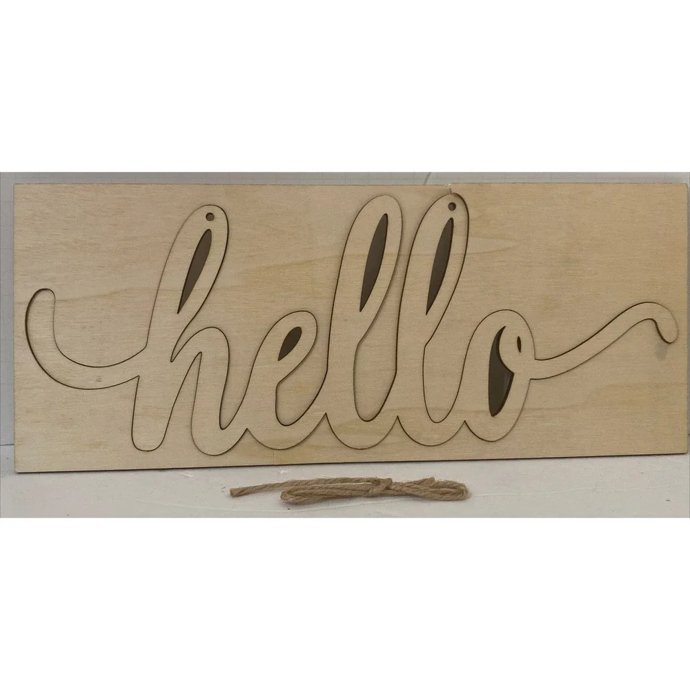 Vosarea Hello Wood Sign Wall Decoration Plaque Natural Unfinished 35x14cm